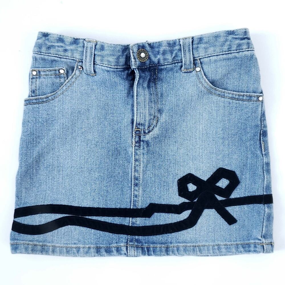 Girls Jean Denim Skirt Blue Black Velvet Size 6X Blue Jean Elastic Waist
